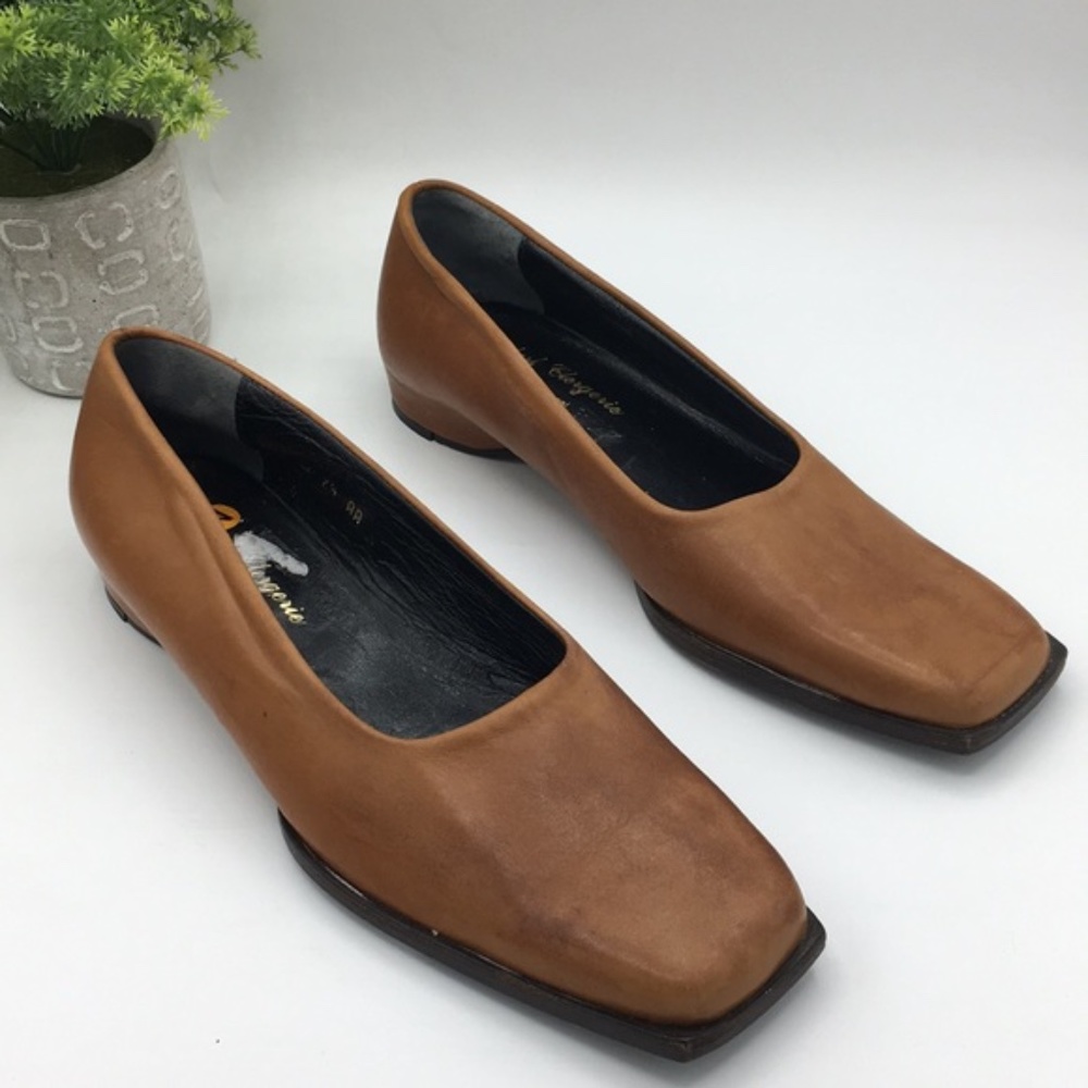 ROBERT CLERGERIE cognac leather square toe flats - Picture 7 of 8